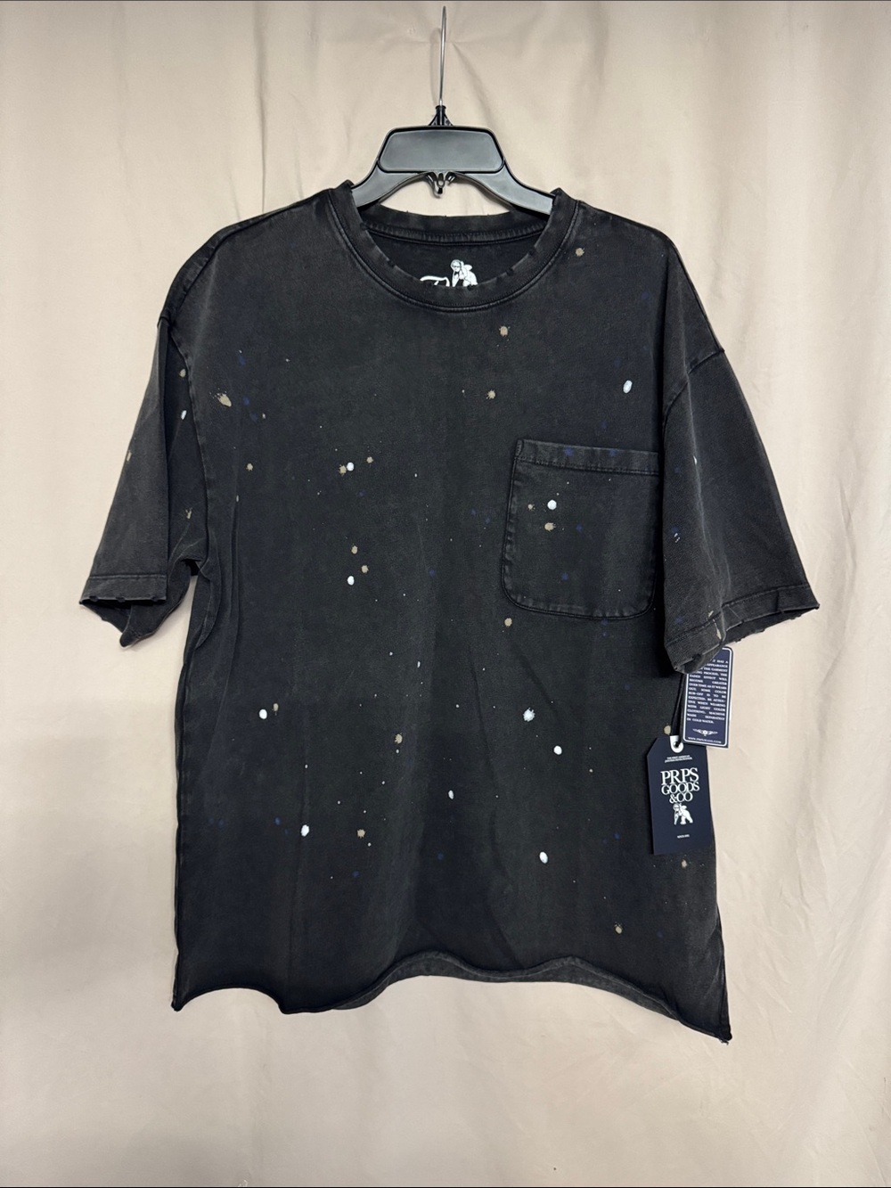 PRPS Distressed Short Sleeve Pocket Tee with Paint Splatter, Size M, Black